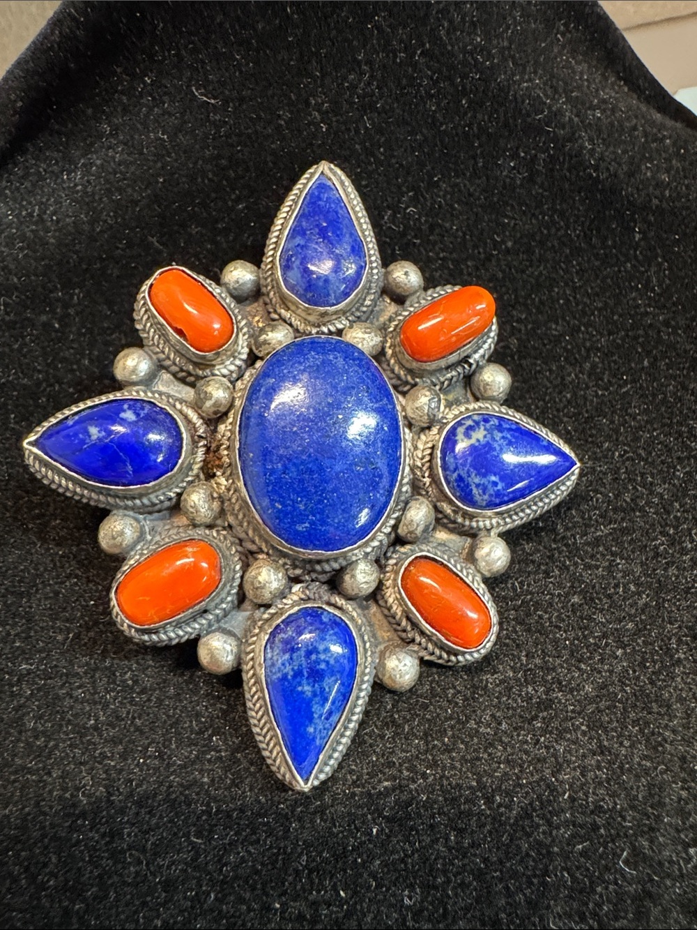 Sterling Silver Statement Brooch with Lapis and Coral Accents